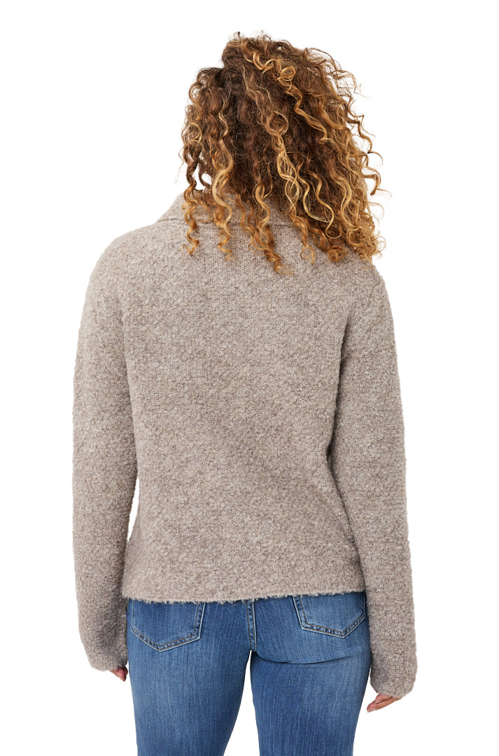 Esqualo women's light taupe gray fuzzy knit long-sleeve cardigan sweater with straight hem, back view