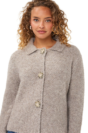 Esqualo women's close front view of light taupe gray fuzzy knit long-sleeve cardigan sweater with collar and jeweled buttons