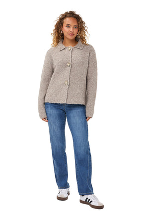 Esqualo women's front angled view of light taupe gray fuzzy knit long-sleeve cardigan sweater with collar