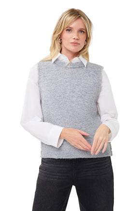 Women's grey sleeveless knit vest, close front model view with beaded side trim by Esqualo