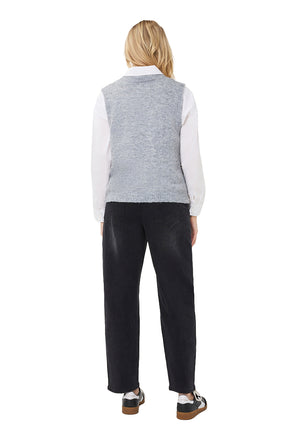 Esqualo women's grey sleeveless knit vest, back model view with ribbed neckline and hem