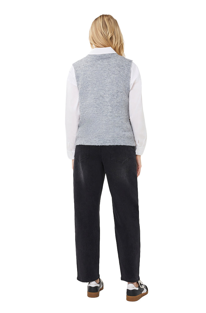 Esqualo women's grey sleeveless knit vest, back model view with ribbed neckline and hem