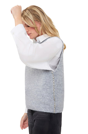 Women's grey sleeveless knit vest, side view showing vertical beaded trim by Esqualo