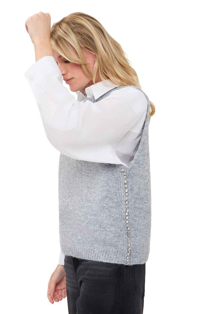 Women's grey sleeveless knit vest, side view showing vertical beaded trim by Esqualo