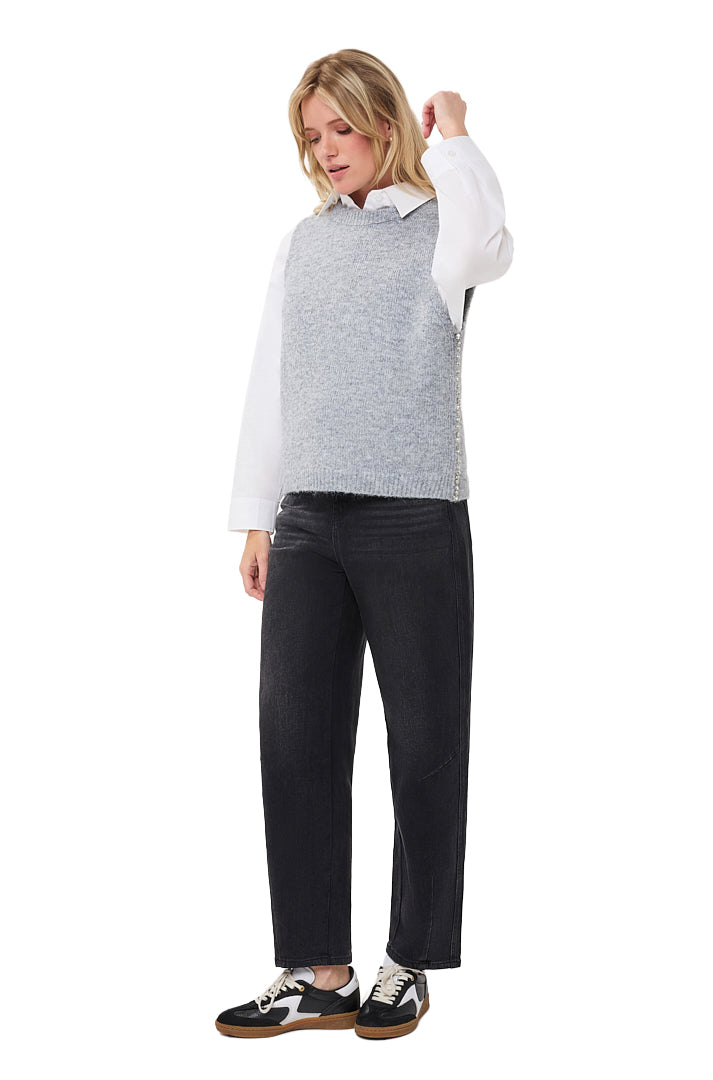 Esqualo women's grey sleeveless knit vest, full-body front view with ribbed hem