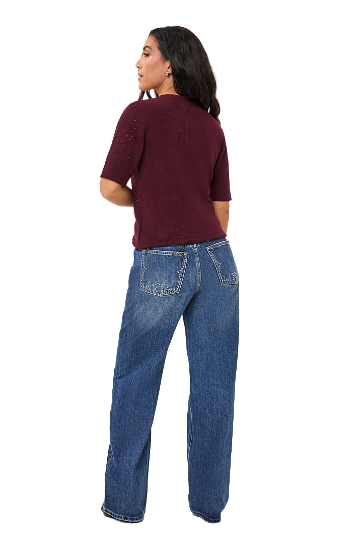Esqualo women's burgundy ribbed Short-sleeve T-Shirt with subtle sparkle accents on the sleeves, back view
