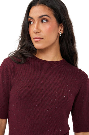 Esqualo women's close front view of a burgundy ribbed Short-sleeve T-Shirt with scattered sparkle embellishments
