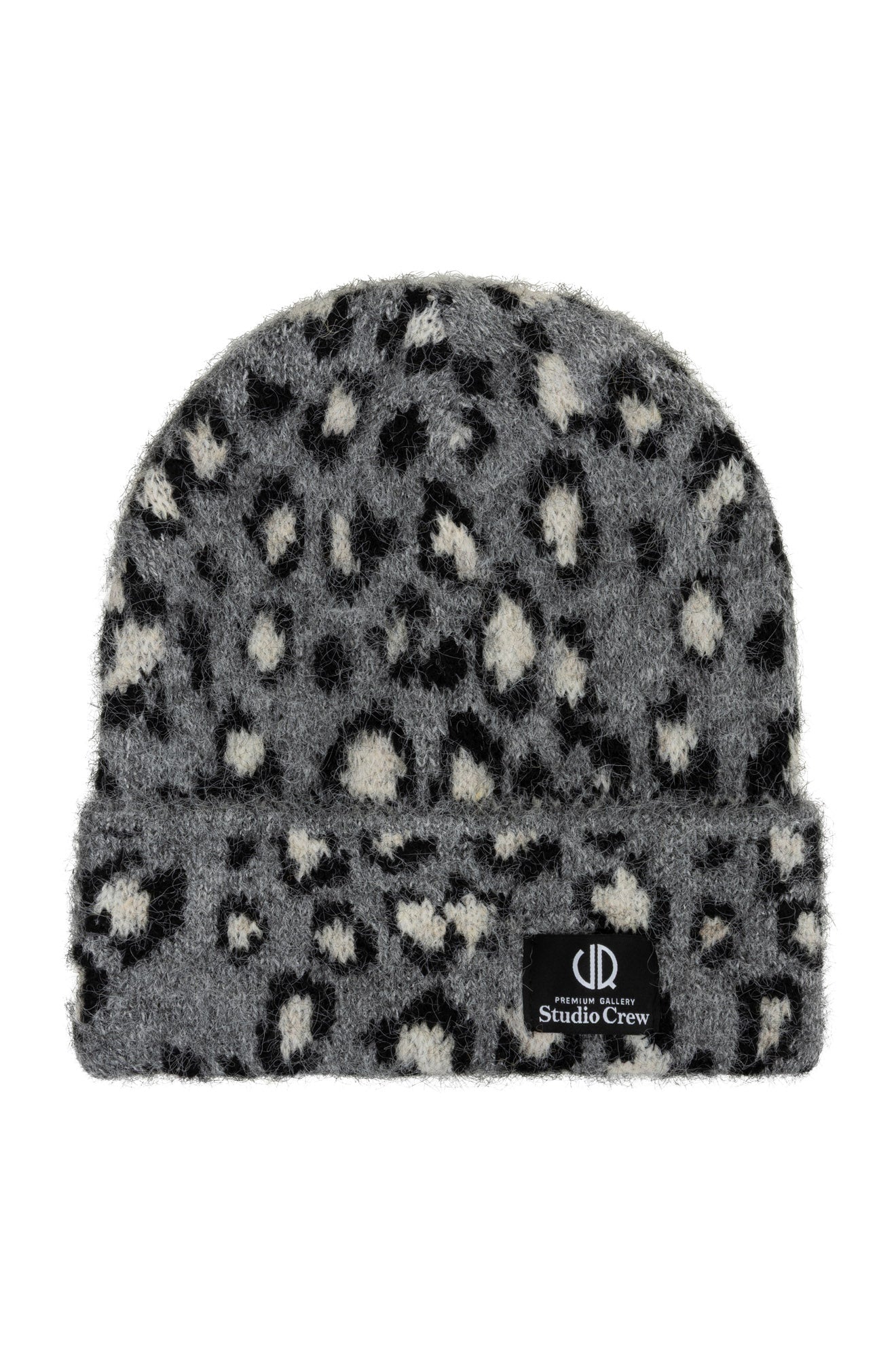 Esqualo women's fuzzy gray winter beanie with spotted knit pattern and black cuff patch shown from the front
