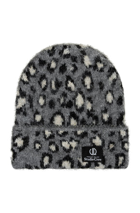 Esqualo women's fuzzy gray winter beanie with spotted knit pattern and black cuff patch shown from the front