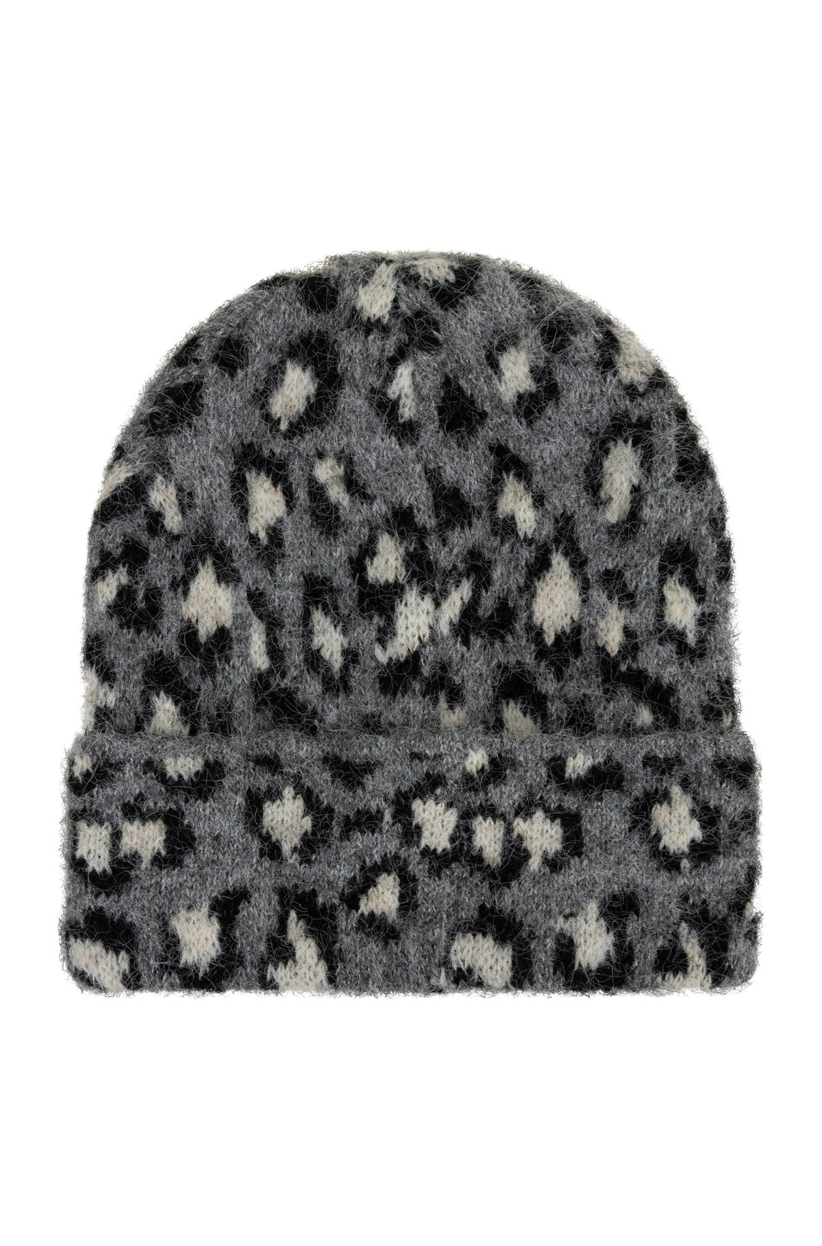Vue arrière d’une tuque d’hiver grise duveteuse à motif tacheté noir et crème pour femme par Esqualo