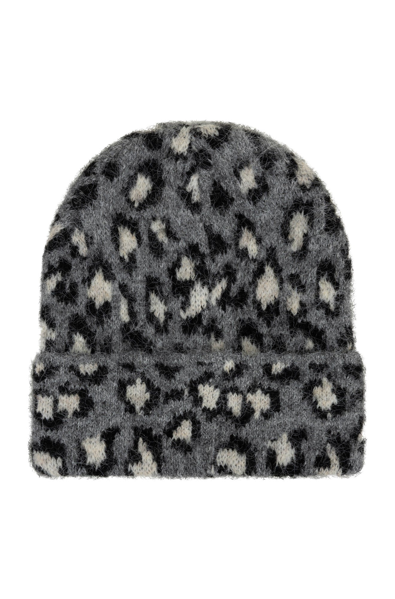 Esqualo women's fuzzy gray winter beanie with black and cream spotted knit pattern shown from the back