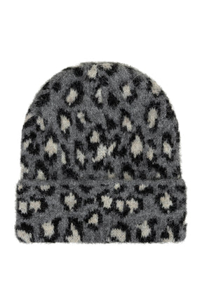 Esqualo women's fuzzy gray winter beanie with black and cream spotted knit pattern shown from the back