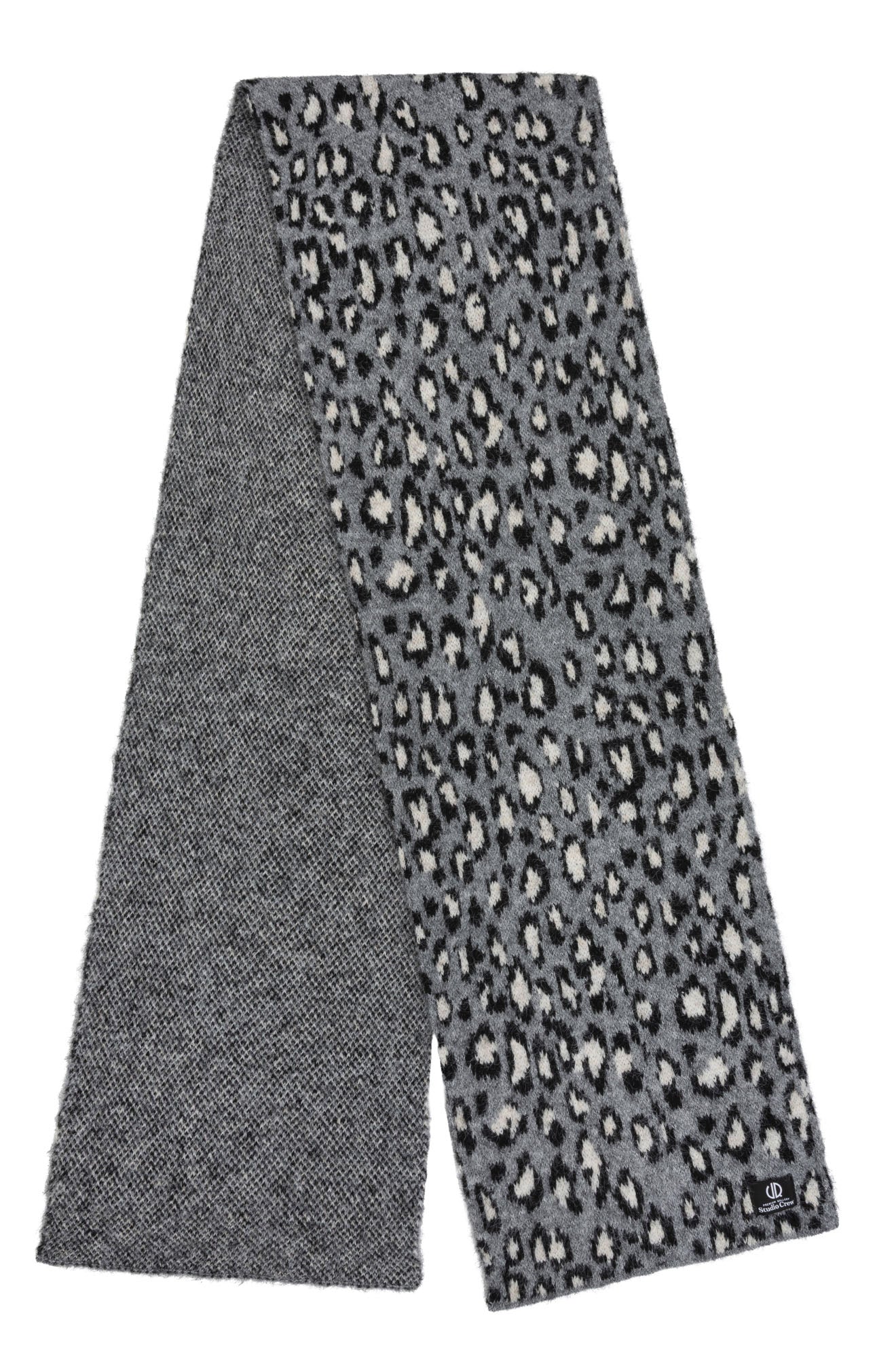 Women's gray winter scarf with black, cream leopard print and heathered reverse side, product view by Esqualo