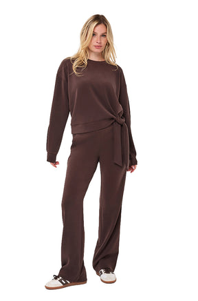 Esqualo women's full front view of dark brown crewneck sweatshirt with side tie hem and matching pants