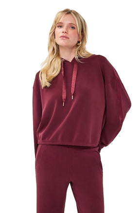 Esqualo women's burgundy pullover hoodie with hood drawcords, sleeve trim, and elastic hem, front view