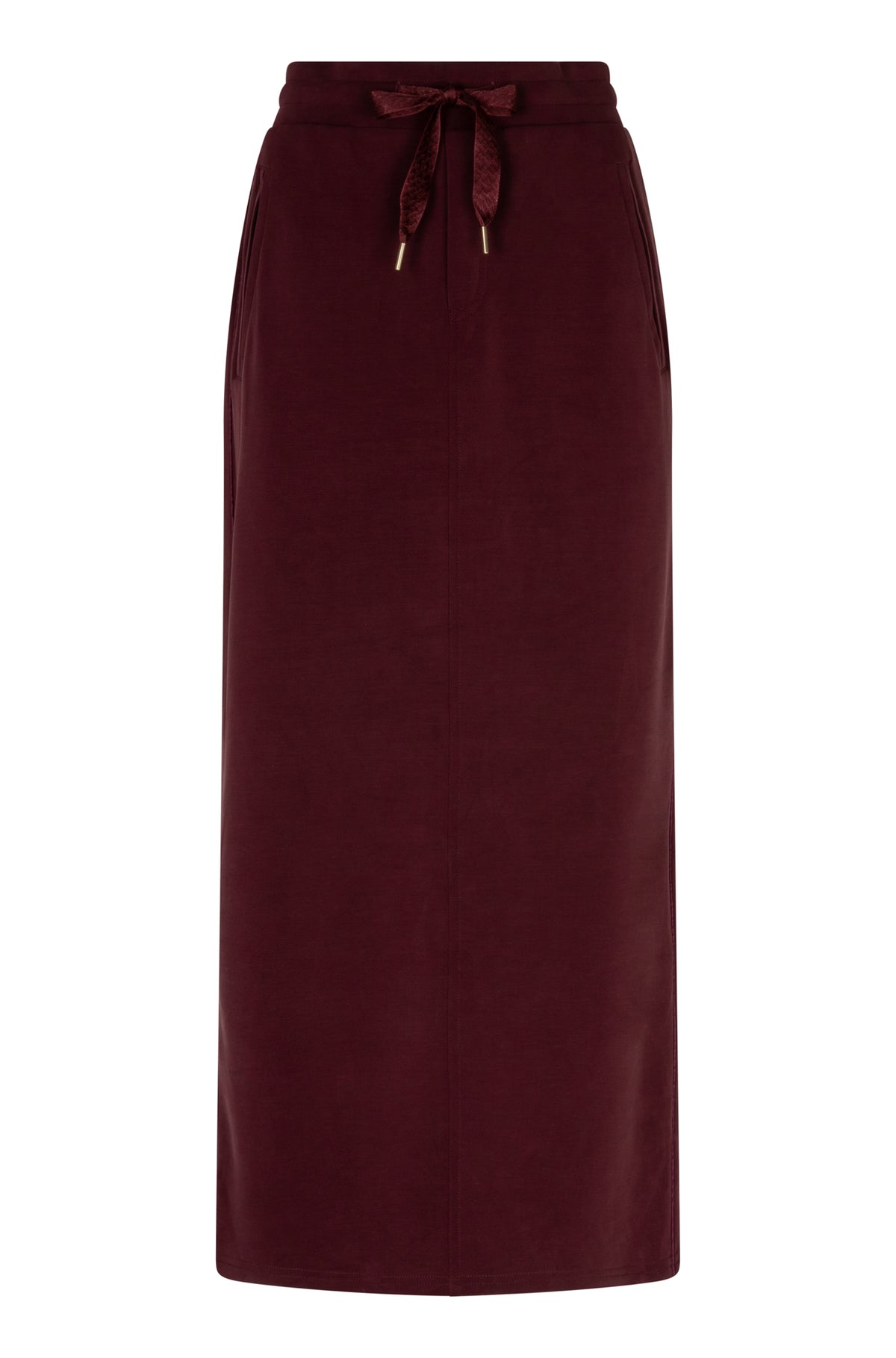 Vue avant d’une longue jupe bourgogne avec taille à cordon et poches latérales obliques pour femme par Esqualo