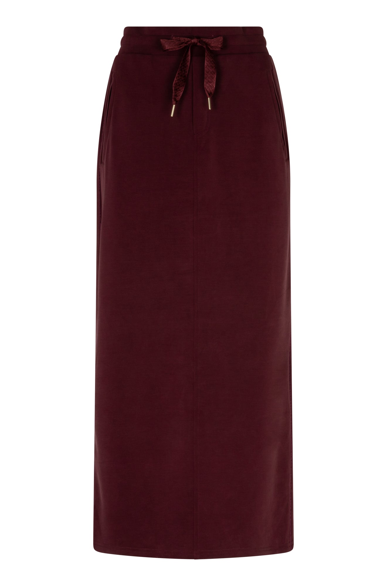 Front view of women's burgundy long skirt with drawstring waist and slanted side pockets by Esqualo