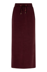 Front view of women's burgundy long skirt with drawstring waist and slanted side pockets by Esqualo