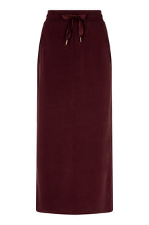 Vue avant d’une longue jupe bourgogne avec taille à cordon et poches latérales obliques pour femme par Esqualo