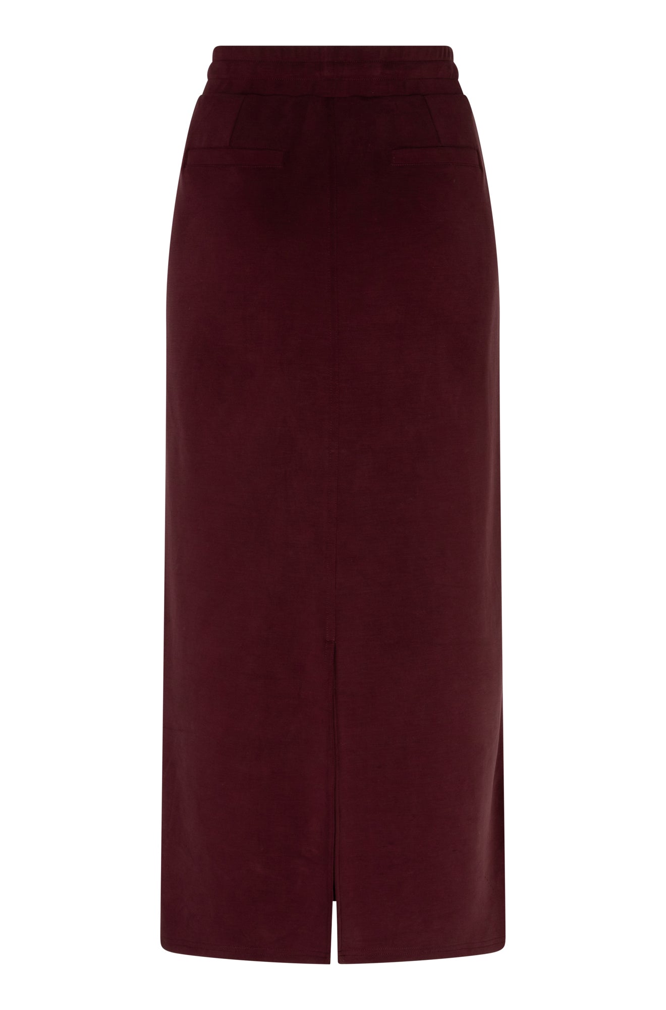 Esqualo women's burgundy long skirt with welt pockets and a center back slit shown from the back