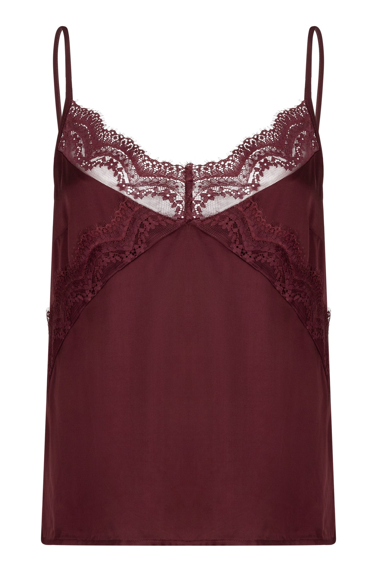 Esqualo women's burgundy camisole with spaghetti straps, lace V neckline, and straight hem shown from the front