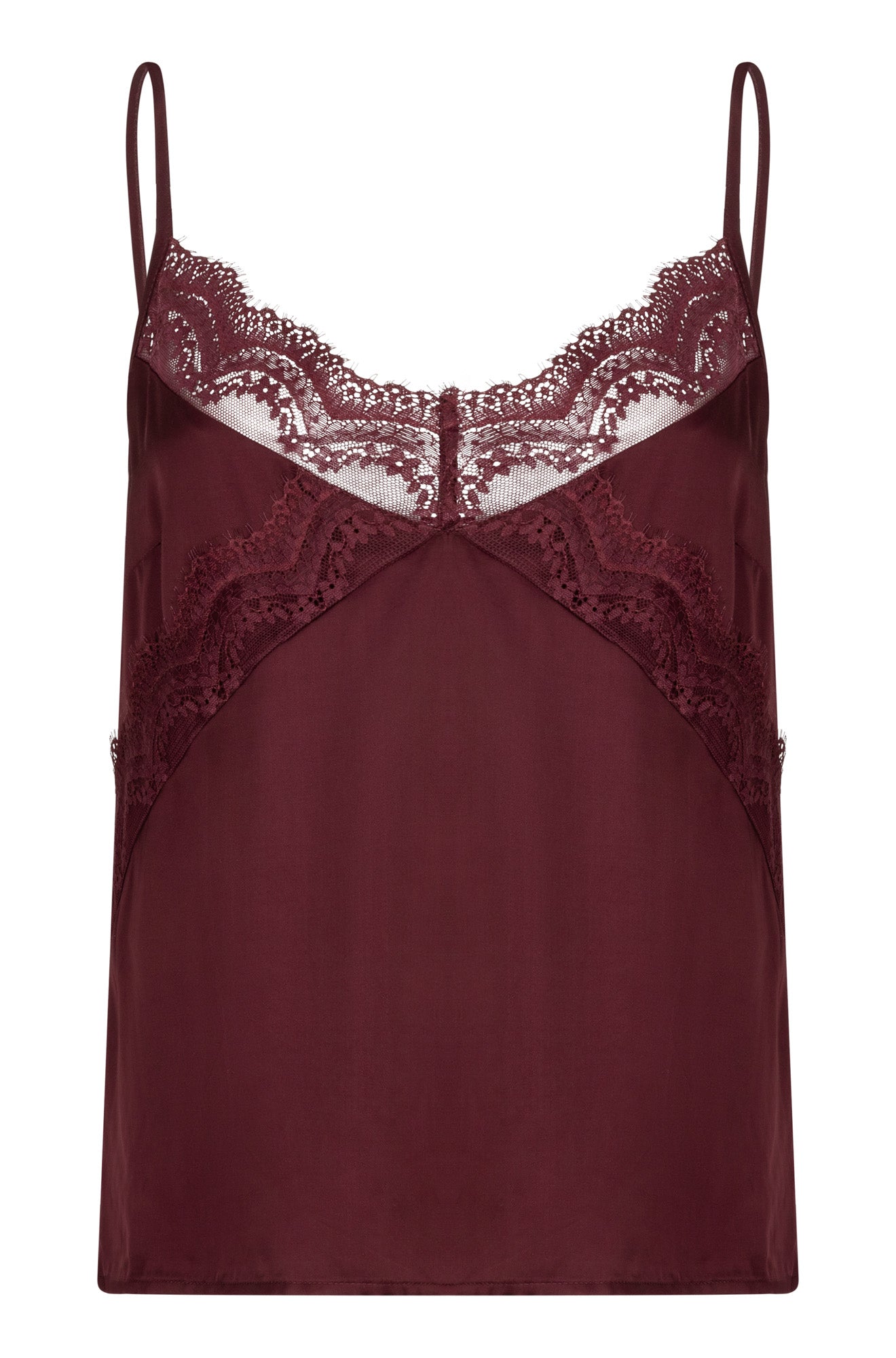 Camisole bourgogne à fines bretelles, encolure en V en dentelle et ourlet droit pour femme par Esqualo, vue avant