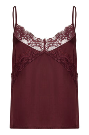 Camisole bourgogne à fines bretelles, encolure en V en dentelle et ourlet droit pour femme par Esqualo, vue avant