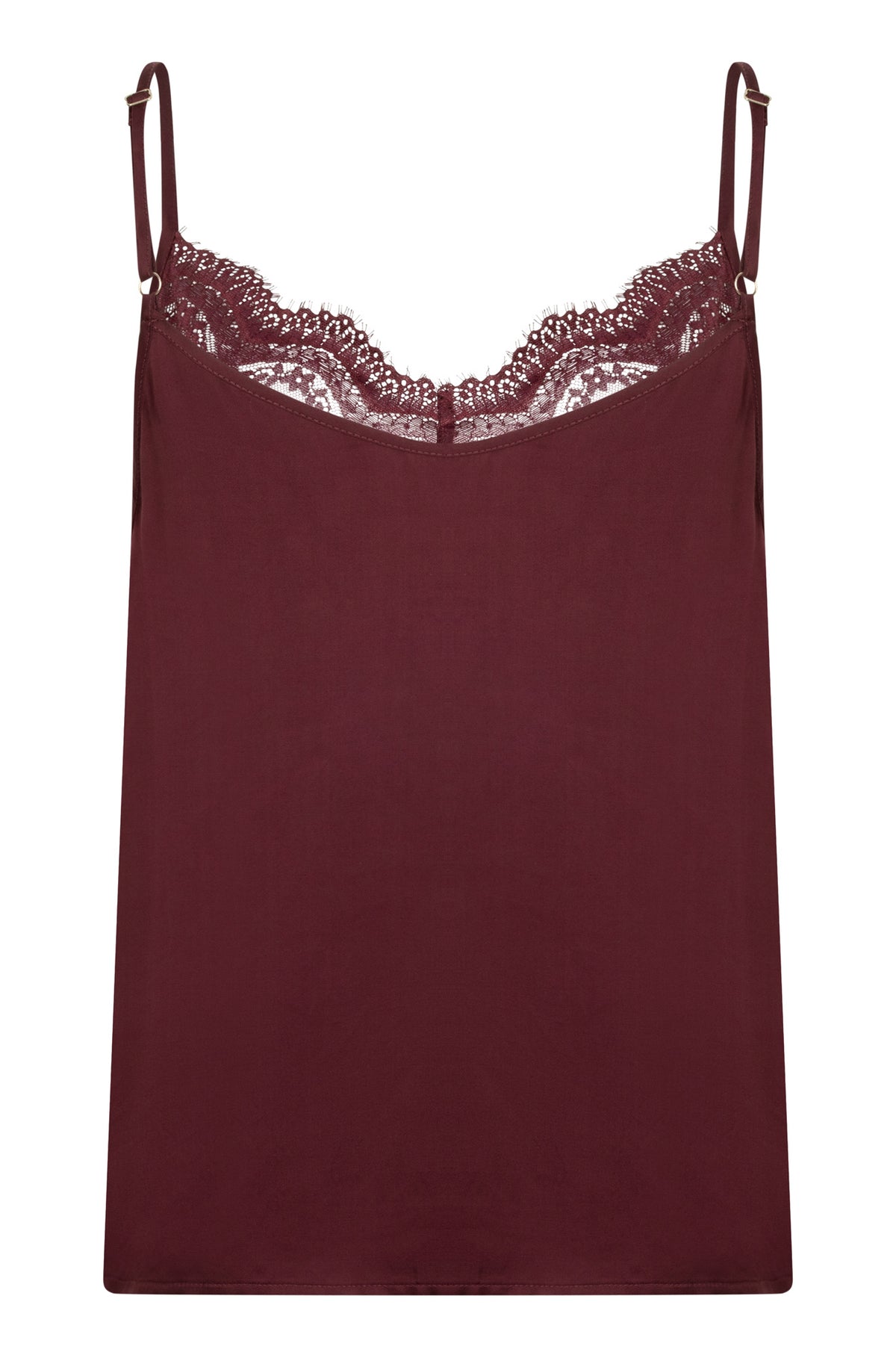 Esqualo women's burgundy camisole with adjustable straps, lace upper back, and straight hem, back view