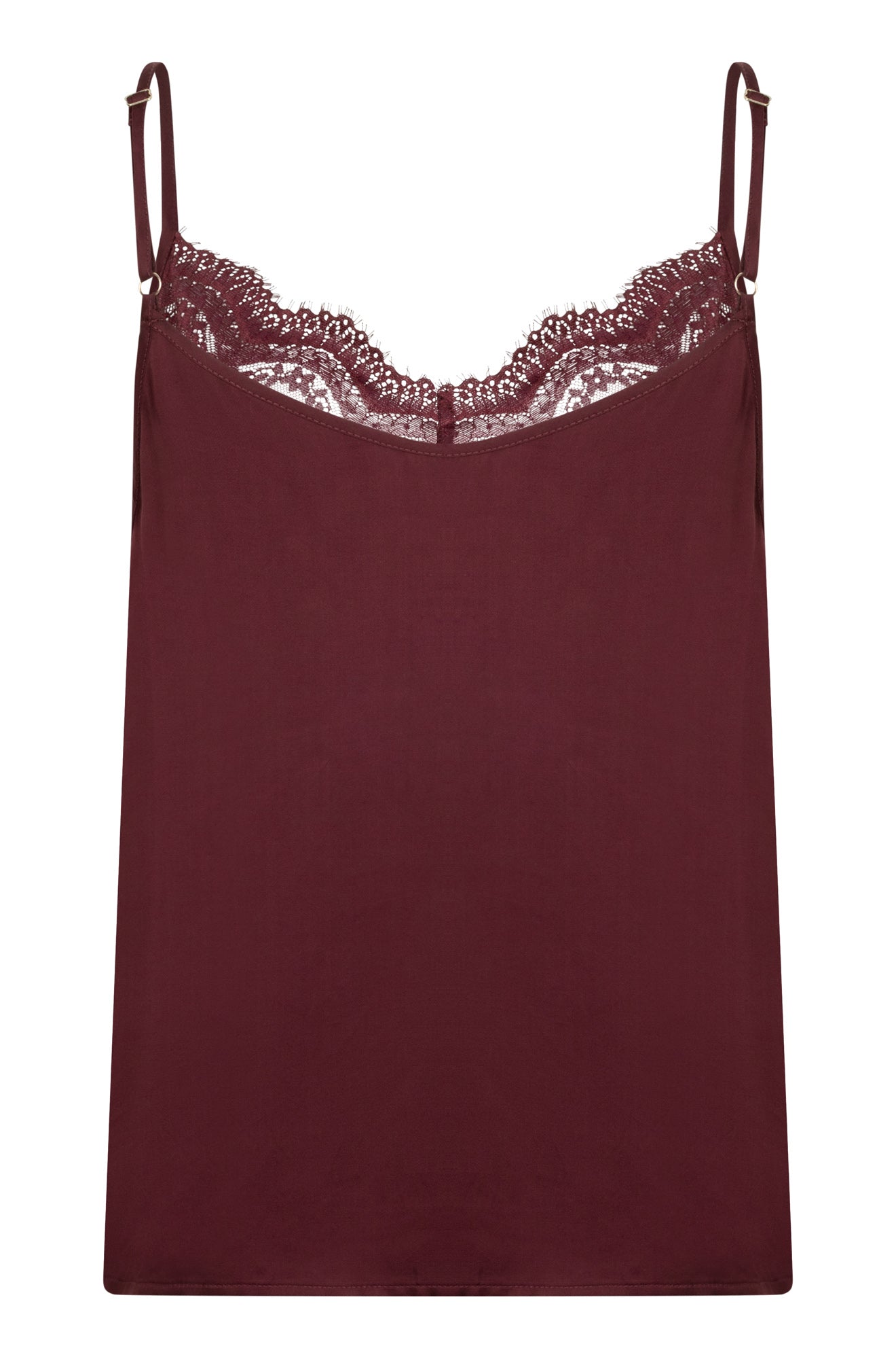 Vue arrière d’une camisole bourgogne avec bretelles ajustables, dentelle et ourlet droit pour femme par Esqualo