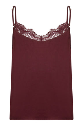 Vue arrière d’une camisole bourgogne avec bretelles ajustables, dentelle et ourlet droit pour femme par Esqualo
