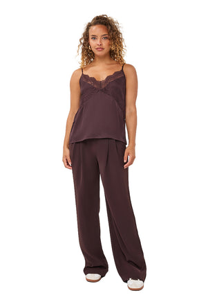 Esqualo women's dark plum satin camisole with spaghetti straps and tonal lace front panels shown from the front