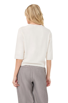 Esqualo women's back waist-up view of ivory short sleeve knit T-Shirt with ribbed crewneck and straight hem