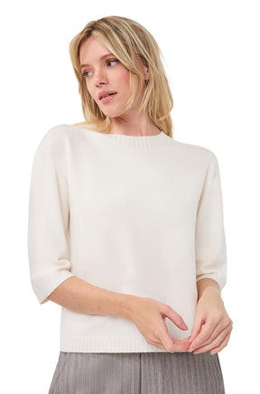 Esqualo women's ivory short sleeve knit T-Shirt with ribbed crewneck, cuffs, and hem, front waist-up view