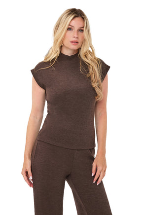 Esqualo women's dark brown mock neck short sleeve knit T-Shirt with cap sleeves shown from the front