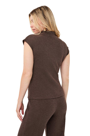 Esqualo women's dark brown mock neck short sleeve knit T-Shirt with straight hem shown from the back