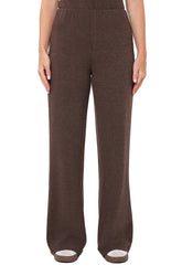 Vue de face du pantalon brun à jambe large, taille plate et texture tricotée chinée pour femme par Esqualo
