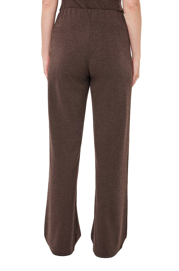 Vue arrière du pantalon brun à jambe large, taille chandail-on et texture tricotée chinée pour femme par Esqualo