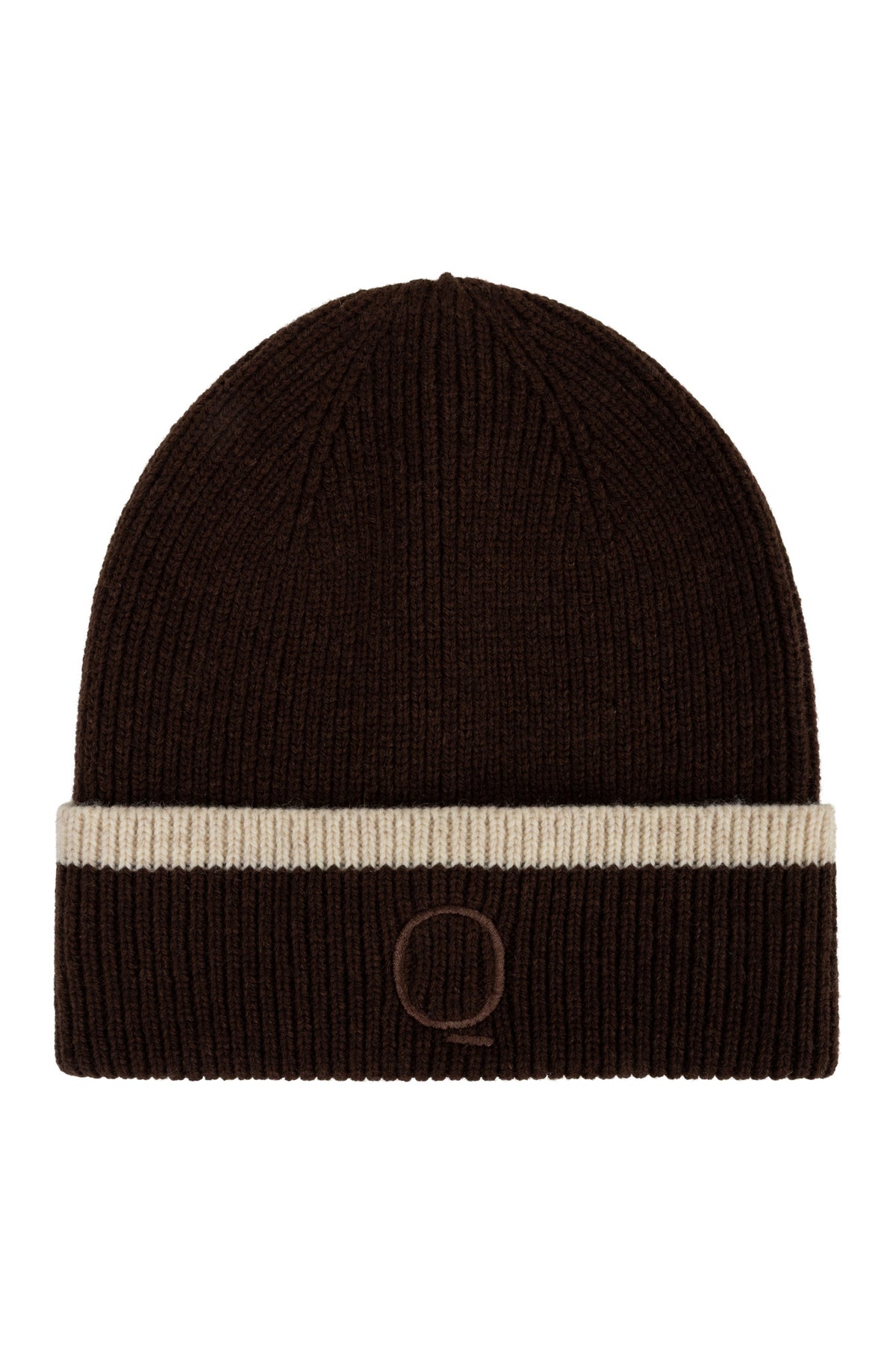 Tuque d’hiver côtelée brun foncé avec revers, bande crème et petit logo brodé devant, vue produit pour femme par Esqualo