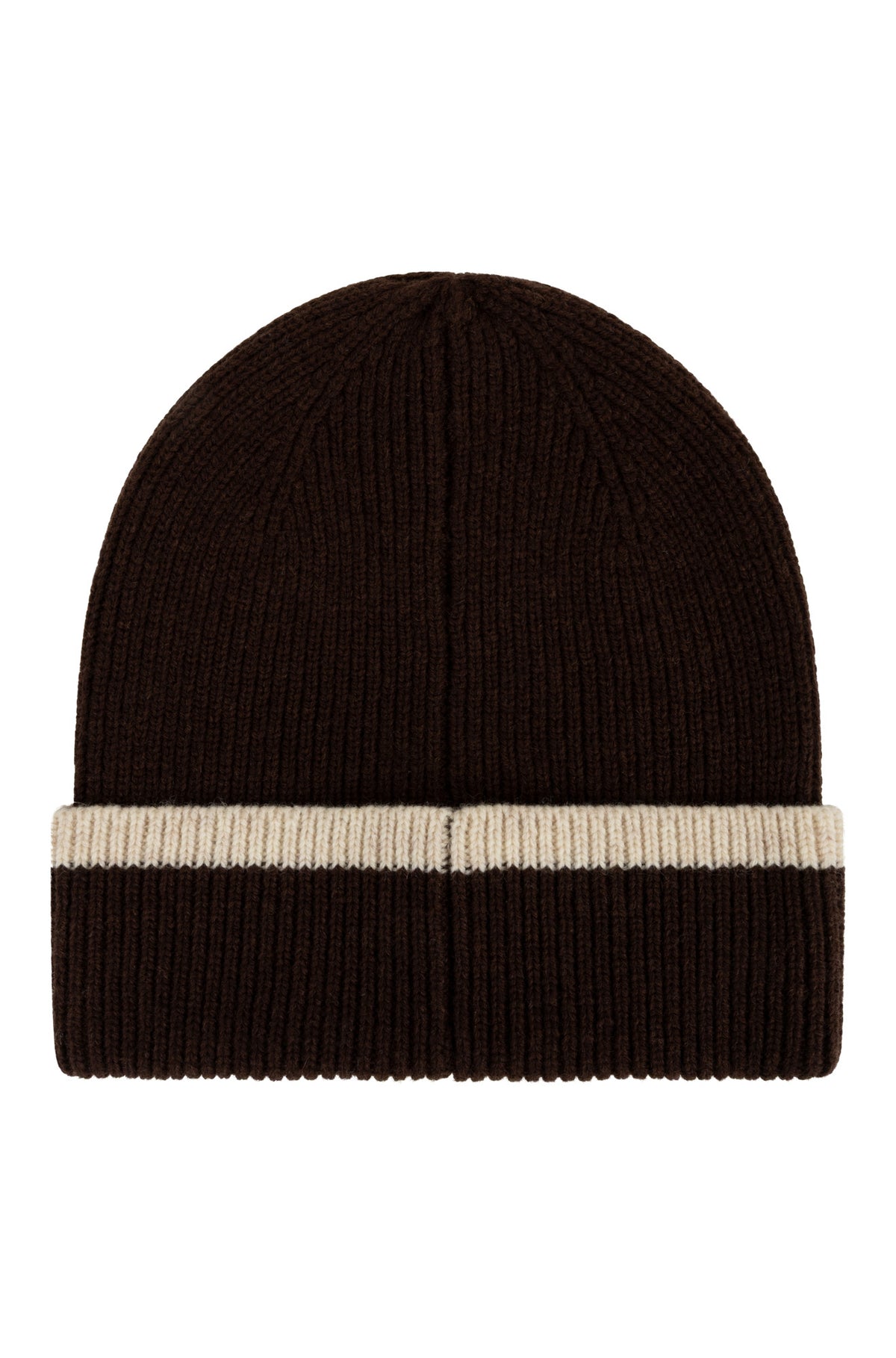 Tuque d’hiver côtelée brun foncé avec revers, bande crème et couture centrale pour femme par Esqualo, vue de dos