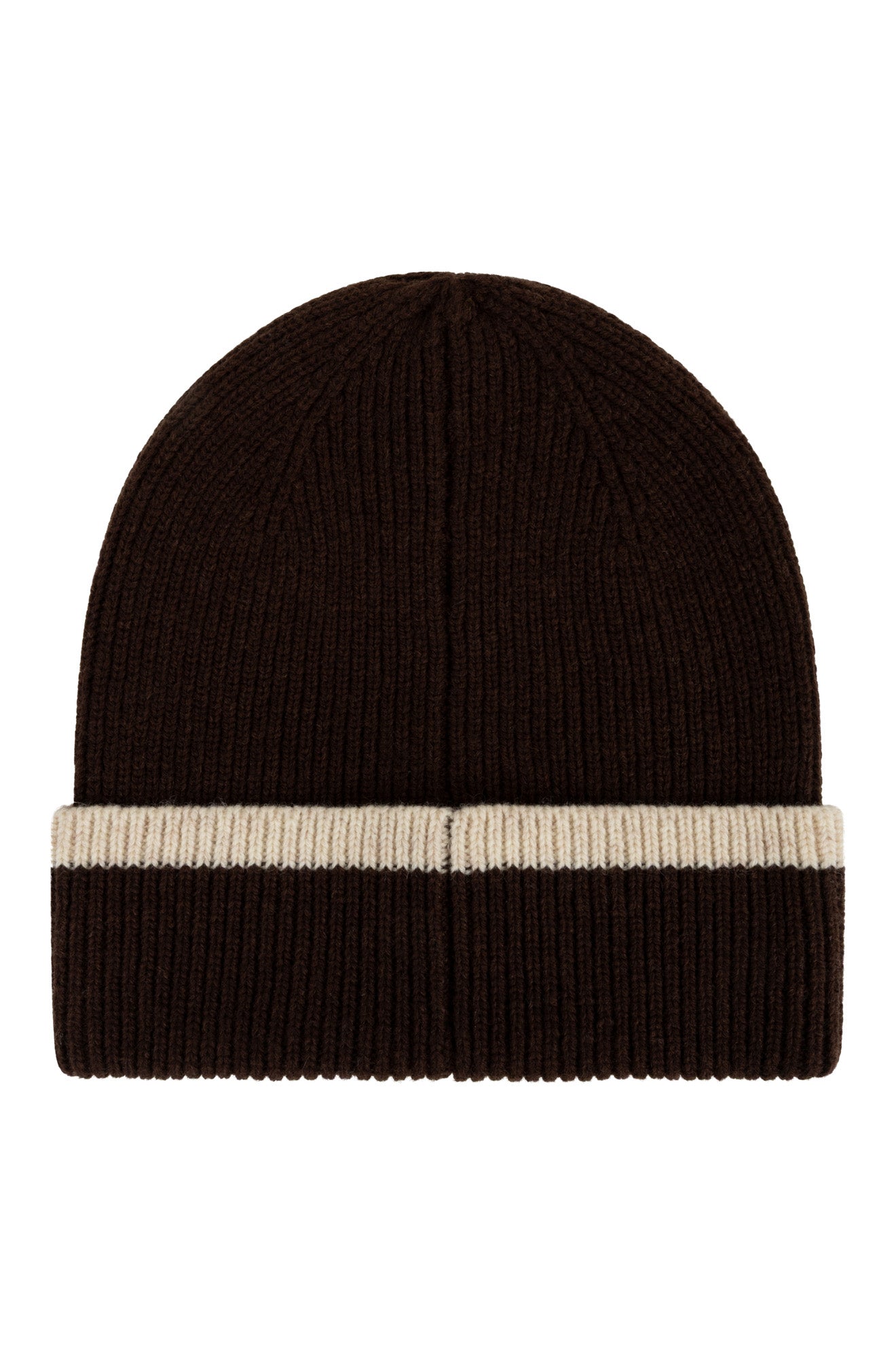 Tuque d’hiver côtelée brun foncé avec revers, bande crème et couture centrale pour femme par Esqualo, vue de dos