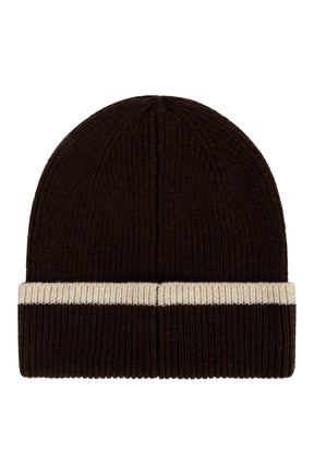 Tuque d’hiver côtelée brun foncé avec revers, bande crème et couture centrale pour femme par Esqualo, vue de dos