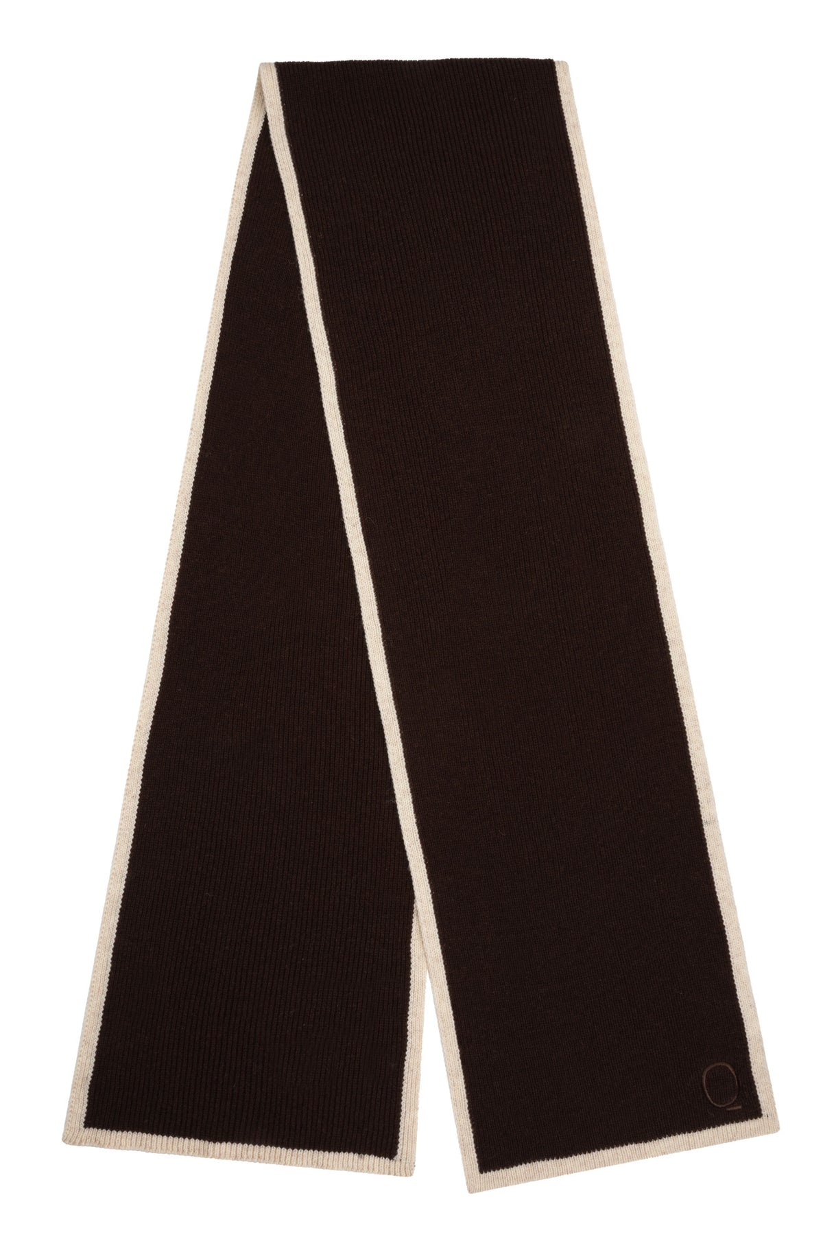 Foulard d'hiver en tricot brun foncé avec bord crème et petit logo à une extrémité, vue produit pour femme par Esqualo