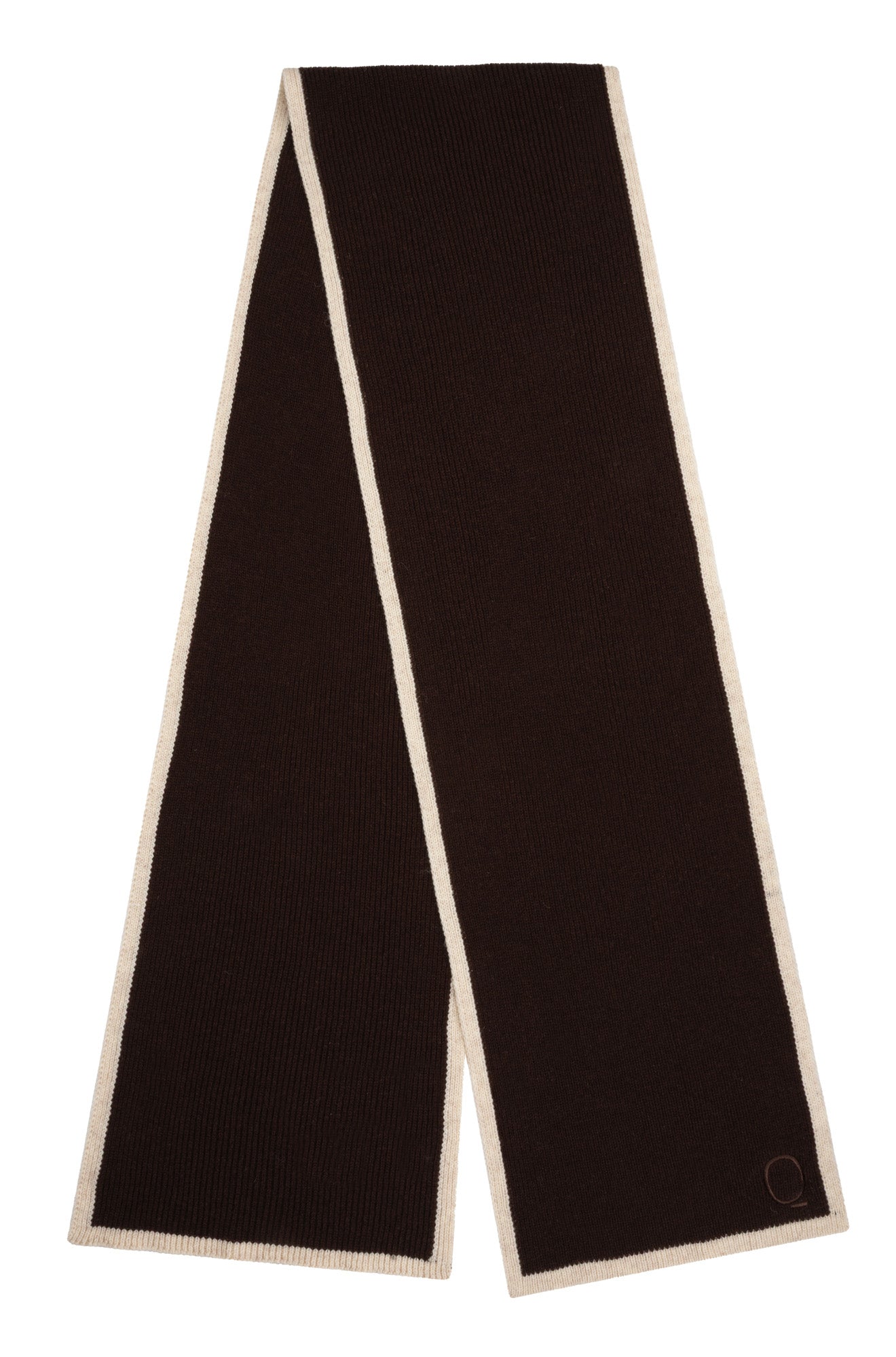 Esqualo women's dark brown winter knit scarf with cream border and small logo near one end, isolated view
