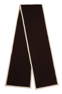 Foulard d'hiver en tricot brun foncé avec bord crème et petit logo à une extrémité, vue produit pour femme par Esqualo