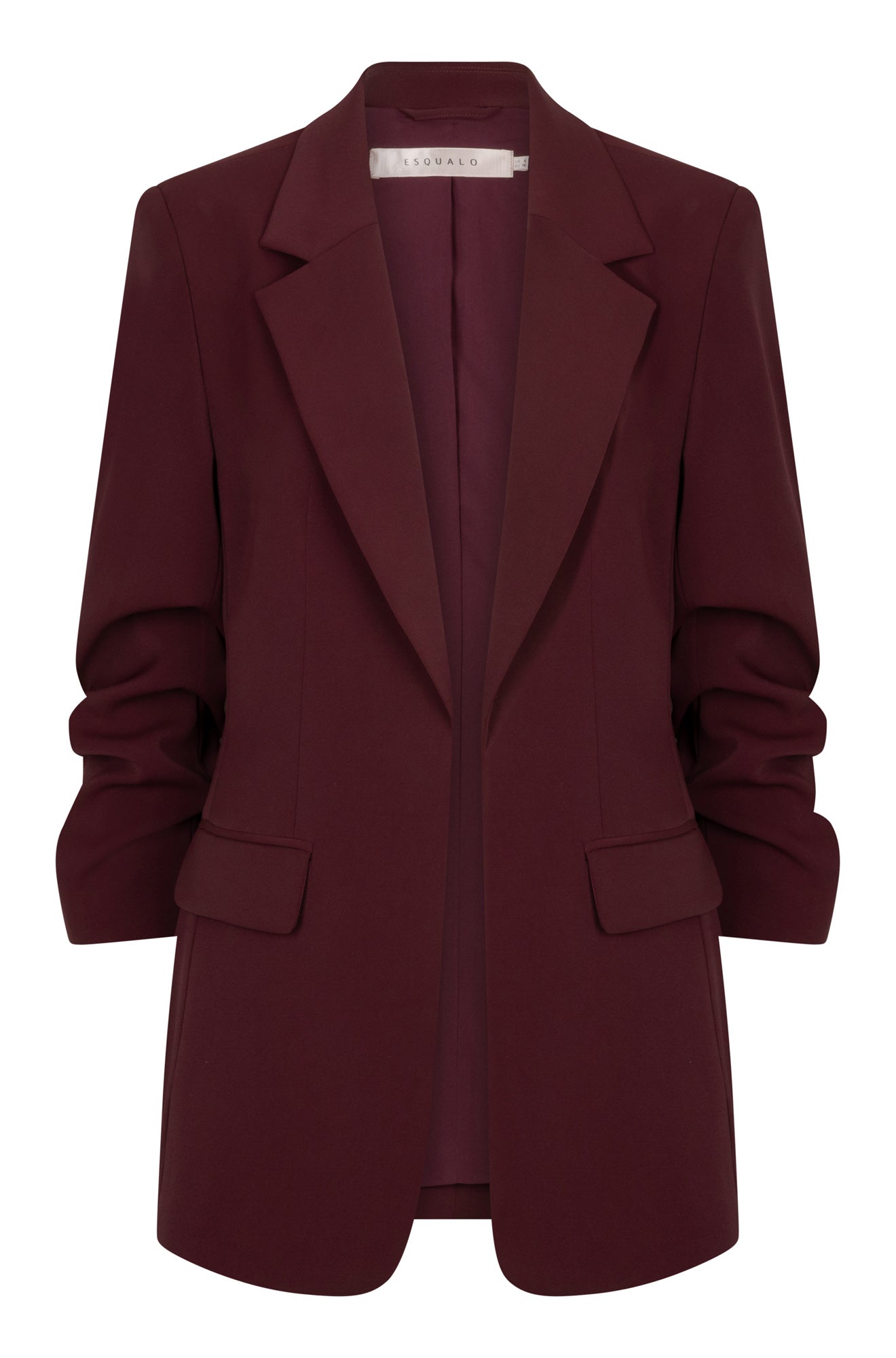 Esqualo women's burgundy blazer with notched lapels, flap pockets and ruched sleeves shown from the front
