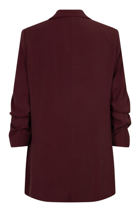 Esqualo women's burgundy blazer with tailored collar, center seam and ruched long sleeves, back view