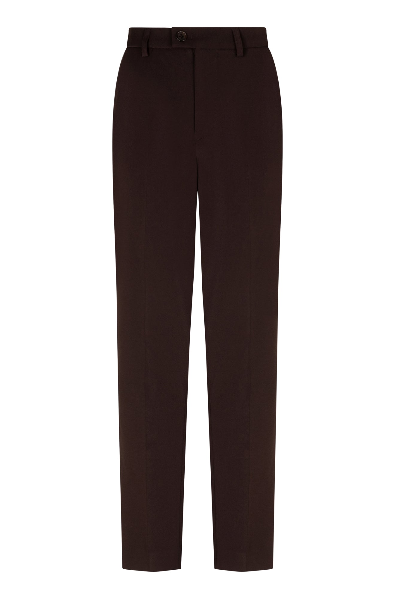 Pantalon jambe droite brun foncé isolé de face avec jambe droite, plis marqués et bouton à la taille pour femme par Esqualo