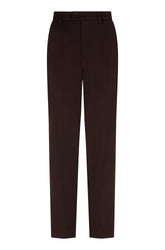 Pantalon jambe droite brun foncé isolé de face avec jambe droite, plis marqués et bouton à la taille pour femme par Esqualo
