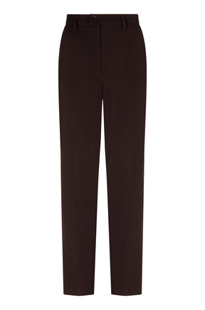 Pantalon jambe droite brun foncé isolé de face avec jambe droite, plis marqués et bouton à la taille pour femme par Esqualo