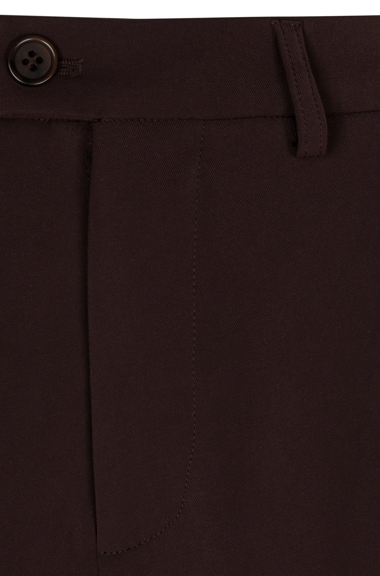 Détail de la taille de la pantalon jambe droite brun foncé avec bouton, passant et braguette pour femme par Esqualo